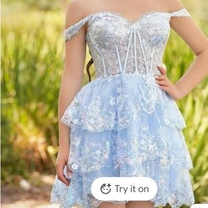 Elegant Off-Shoulder Blue Lace Dress